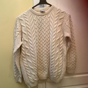 Aran Woolen Mills Ivory Fishermans Sweater, Merino Wool, Made in Ireland